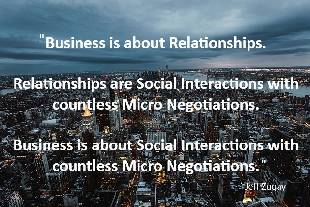 an aerial view of a large city downtown with the quote overlay 
"Business is about Relationships 

Relationships are Social Interactions with countless Micro Negotiations.

Business is about Social Interactions with countless Micro Negotiations"
