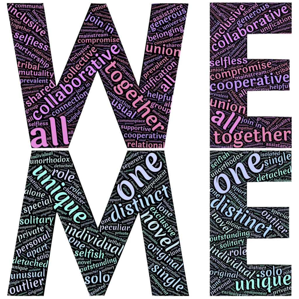 The word WE stacked on top of ME with descriptive words written in different colors inside each word. The ME perspective can enhance the WE perspective as customers and suppliers come together.